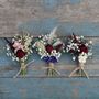 Set Of Three Wedding Dried Flower Dainty Buttonholes Meadow Reds, thumbnail 1 of 4