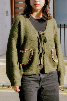 Green Tie Front Leopard Heart Cardigan, 5 of 7