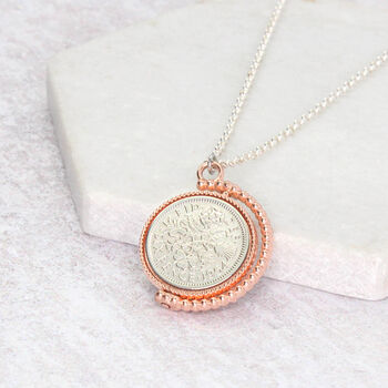 70th Birthday 1954 Lucky Sixpence Spinner Necklace, 4 of 10