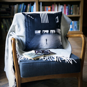Industrial Monochrome Cushion – Velvet Architectural Print, UK Made, 2 of 5