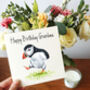 Illustrated Dancing Puffin Birthday Card, thumbnail 4 of 6