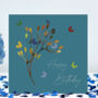 Flower Bud Butterfly Birthday Card Teal Background, thumbnail 1 of 12