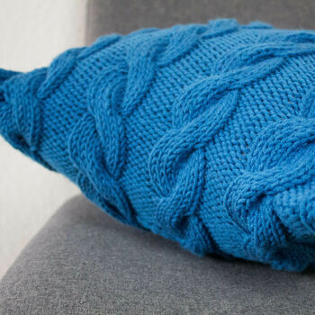 Hand Knit Chunky Cable Stitch Cushion In Teal, 4 of 6