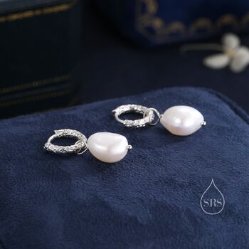 Sterling Silver Baroque Pearl Hammered Hoop Earrings, 3 of 10