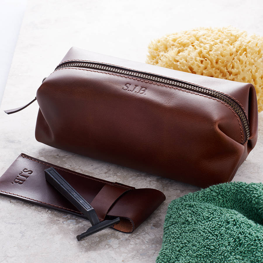 Personalised Leather Shaving Kit Bag And Razor Cover By Vida Vida