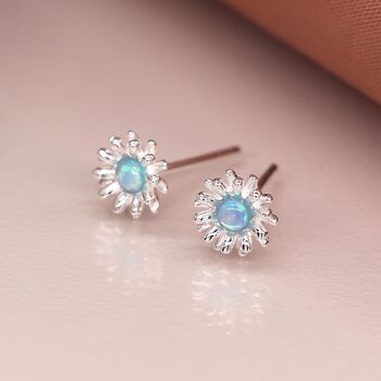 Sterling Silver Blue Opal Daisy Stud Earrings, 4 of 10