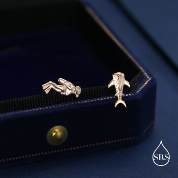 Mismatched Scuba Diver And Whale Shark Stud Earrings In Sterling Silver, 2 of 12