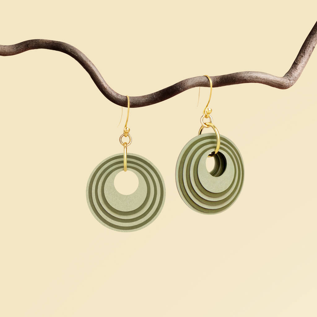 Green And Khaki Geometric Circular Earrings • Gold Plated Sterling Silver Hooks, 1 of 9