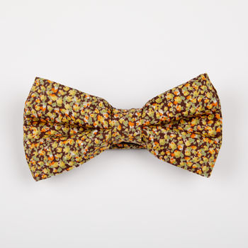 Mens Yellow And Brown Floral Print Bow Tie, 2 of 6
