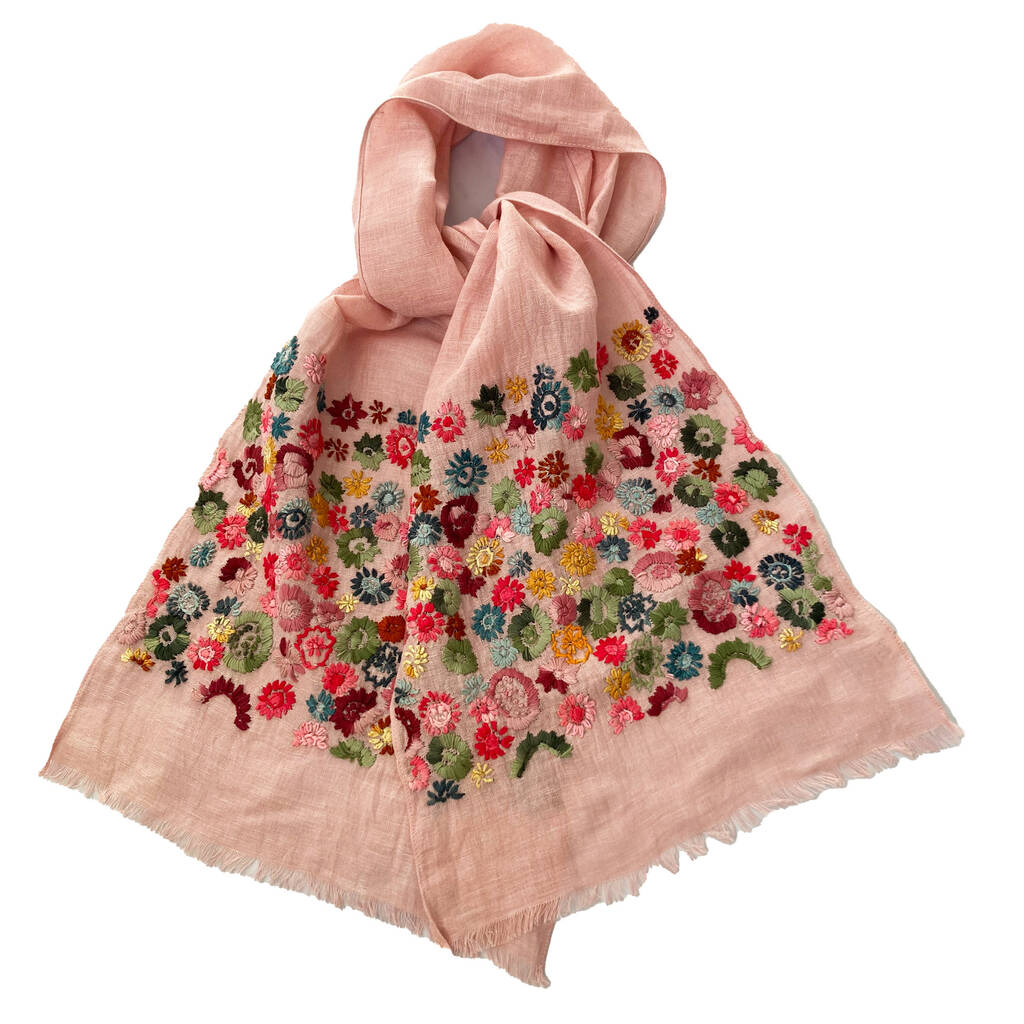 Hand Embroidered 100% Linen Scarf In Blush Pink Floral, 1 of 6