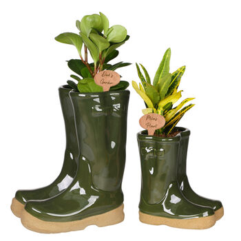 Personalised Dark Green Welly Boot Planters Gift Set, 2 of 10