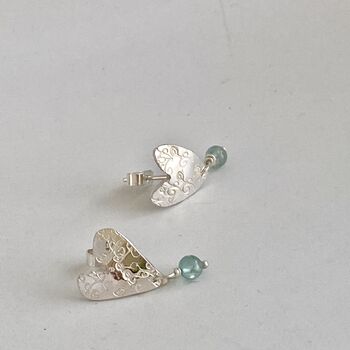 Sterling Silver Heart Stud Earrings With Blue Gem Drop, 3 of 6