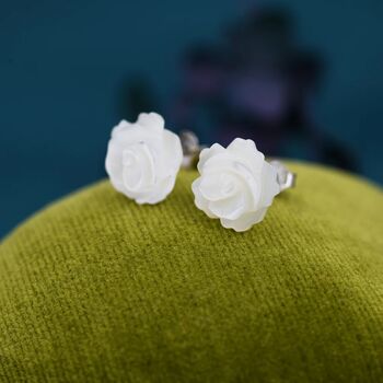 Hand Carved Mother Of Pearl Rose Flower Stud Earrings, 5 of 9