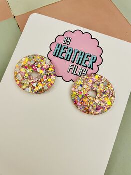 Circle Glitter Resin Earrings / Butter Yellow Earrings / Statement Studs / Modern Statement Fashion Earrings, 7 of 9