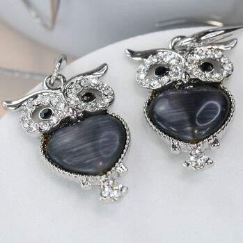 Zircon Moonstone Owl Earrings Gold/Silver Plated, 3 of 8