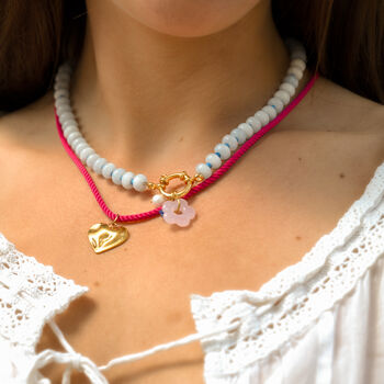 Blue Gemstone And Pink Flower Gingham Necklace, 3 of 6