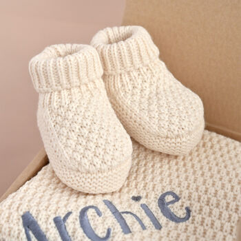 Personalised Luxury Ivory Knitted Blanket, Booties And Monkey Gift Box, 11 of 12