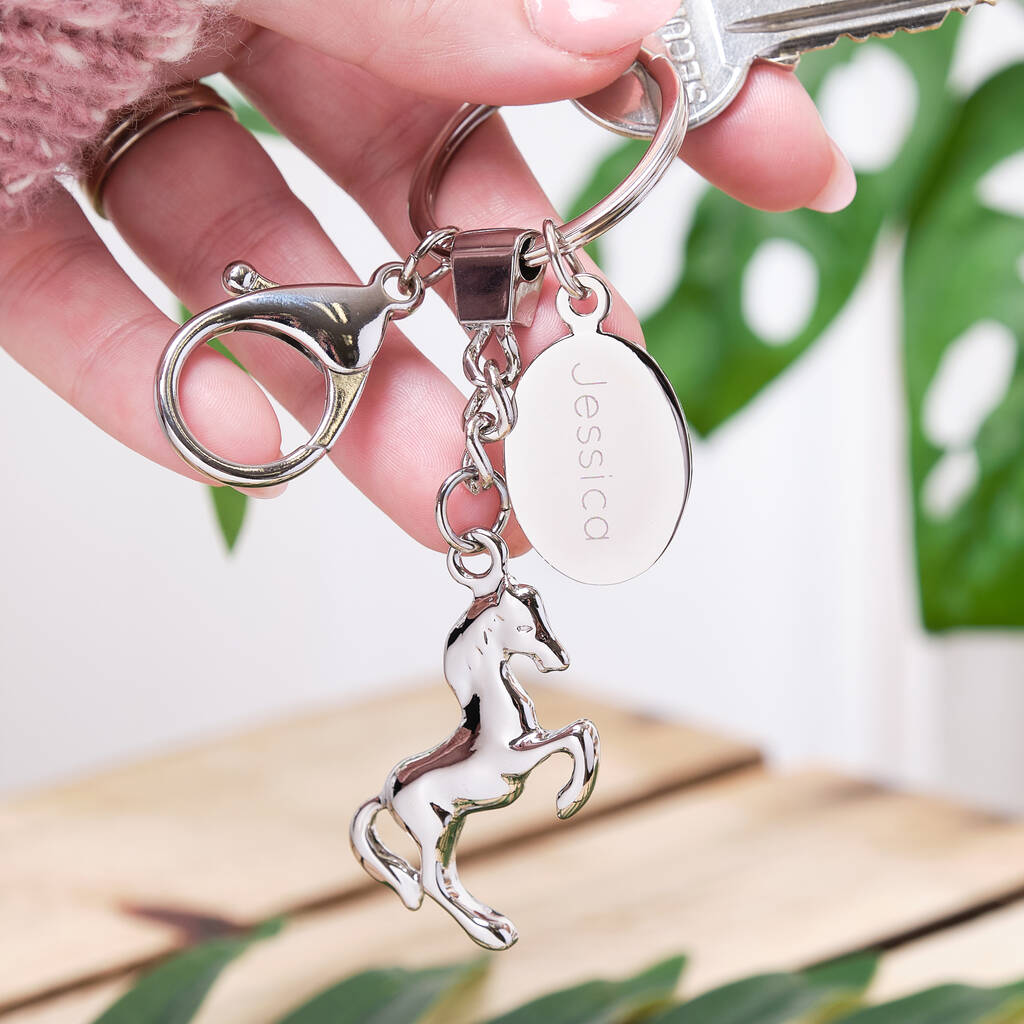 personalised Horse keyring key chain engraved velvet gift pouch H8 