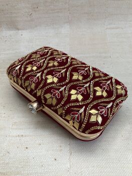 Deep Maroon Velvet Embroidered Handcrafted Clutch Bag, 6 of 8