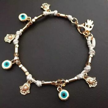 Handmade Blue And White Evil Eye Fatima Hamsa Bracelet, 3 of 7