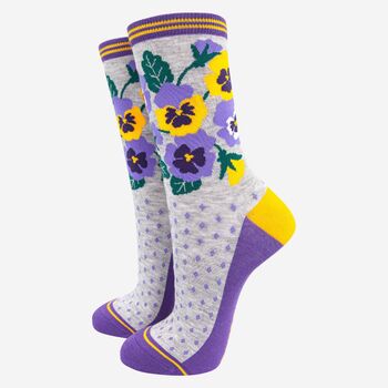 Women's Bamboo Socks Grey Purple Pansy, 2 of 4