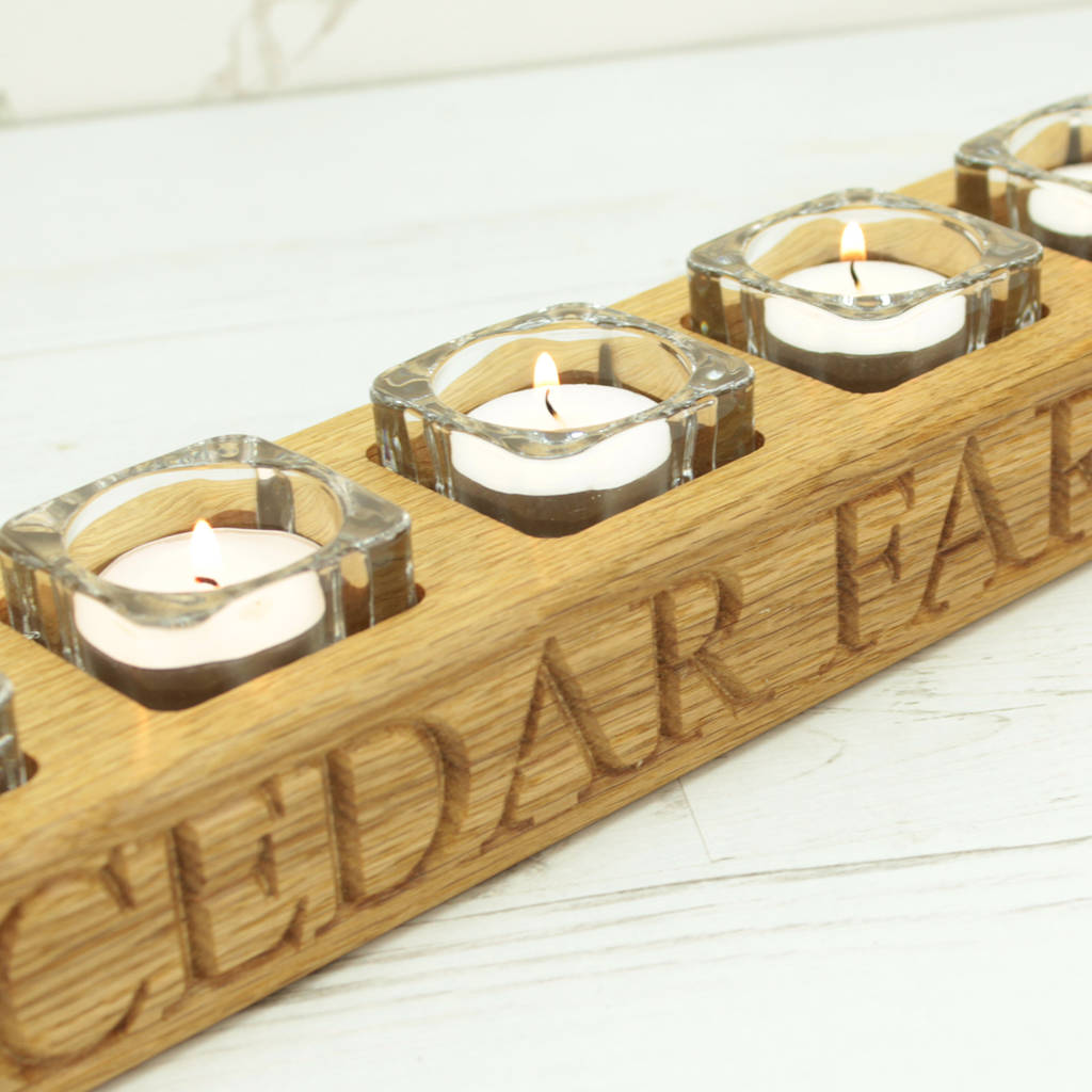personalised oak tea light candle holder by dreams to reality design