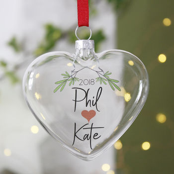 Couples Personalised Mistletoe Glass Christmas Bauble, 2 of 8