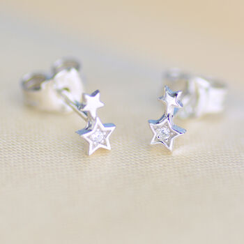 Sterling Silver And Cz Mini Double Star Stud Earrings, 2 of 6