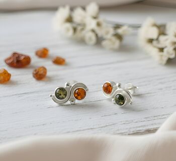 Sterling Silver Green And Gold Amber Swirl Stud Earrings, 2 of 3