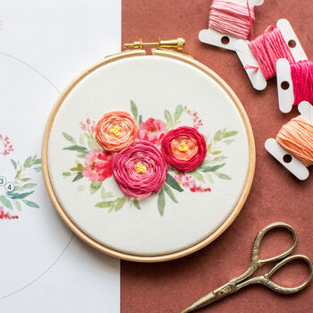 Raspberry And Peach Bouquet Embroidery Hoop Kit, 4 of 9