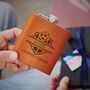 Personalised Hip Flask With Leather Sleeve And Engraved Football Design With Chosen Name And Football Club, thumbnail 1 of 5