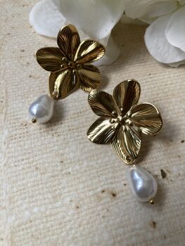 Gold Flower Pearl Drop Earrings, 5 of 6
