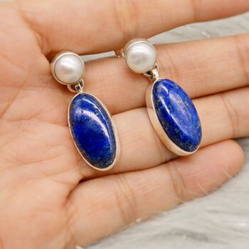 Lapis Lazuli, Pearl Sterling Silver Earrings, 3 of 7