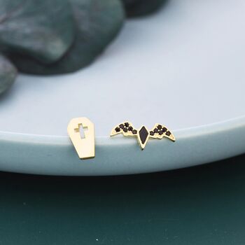 Mismatched Coffin And Bat Stud Earrings In Sterling Silver, 5 of 12