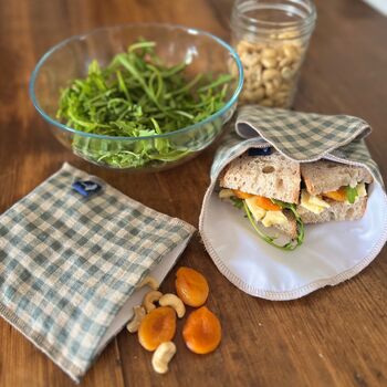 Sea Green Check Linen Snack Bag, 3 of 5