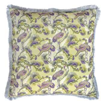 Cranes Yellow Patterned Fringe Cotton Cushion, 3 of 7