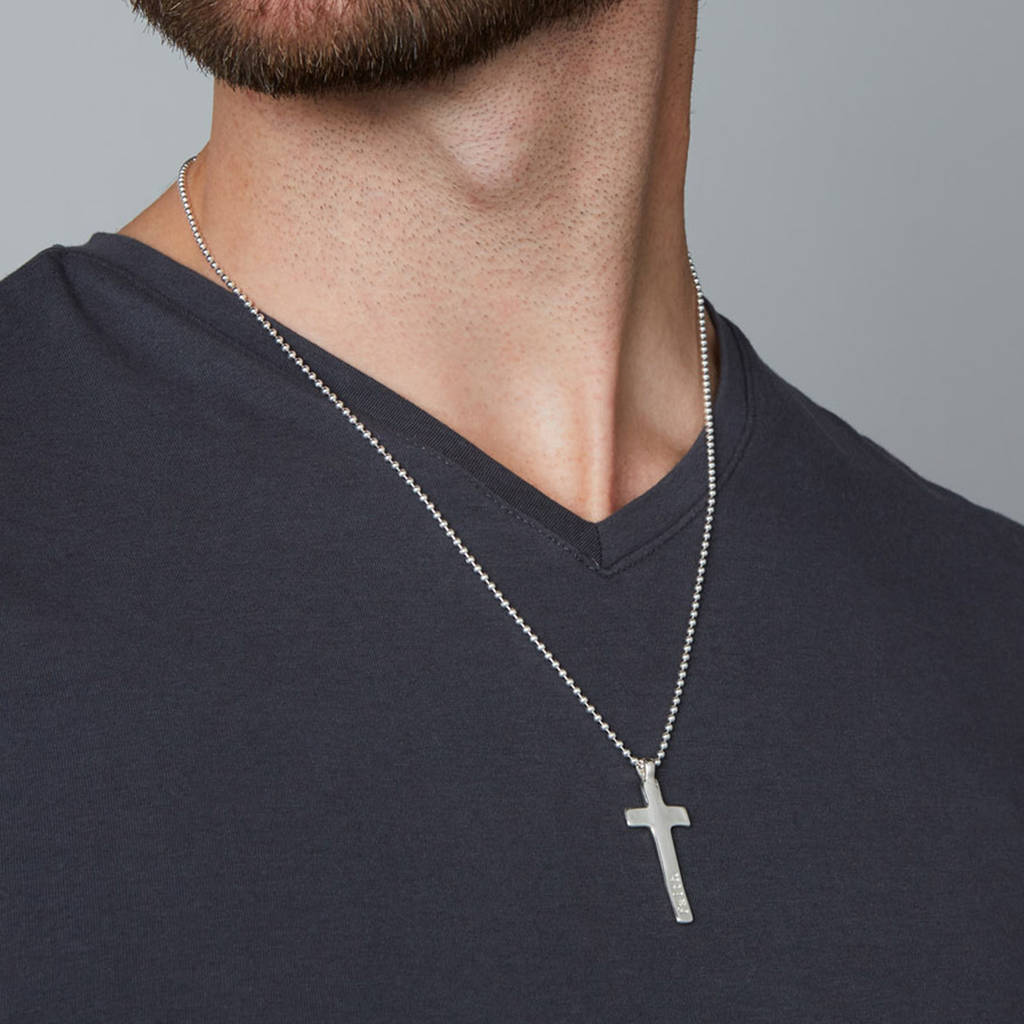 Men's Large Engraved Silver Cross Necklace By Under the Rose