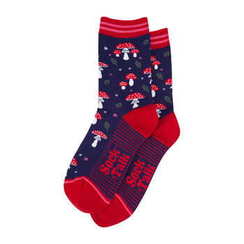 Women's Red Toadstools Enchanted Woodland Bamboo Socks Blue, 3 of 4