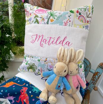Multi Coloured Dinosaur Name Cushion, 6 of 8