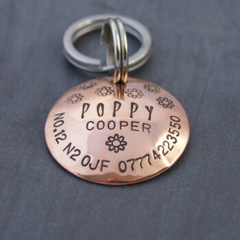 Dog ID Tag. Personalised Domed Copper Disc With Flowers, 3 of 10
