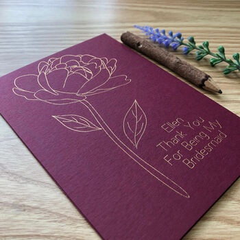 Thank You Bridesmaid Personalised Peony Flower Gold Foil Wedding Card, 10 of 12