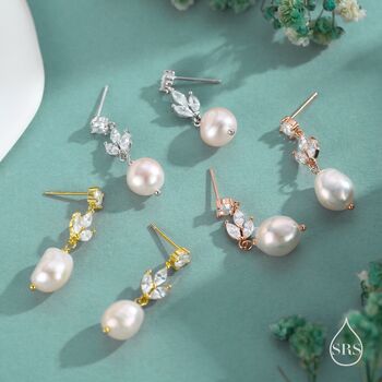 Sterling Silver Cz And Genuine Freshwater Pearl Drop Earrings, 6 of 11