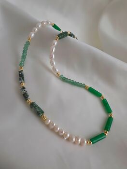 Green Onyx And Aventurine Beaded Necklace With Freshwater Pearls In 18k Gold Detail, May And June Birthstone Jewellery Gift, 5 of 6
