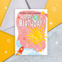 Kids Space Birthday Card – Another Orbit Complete, Fun Sun And Rocket Design, Birthday Greeting For Children, thumbnail 1 of 3
