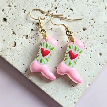 Handmade Glass Pink Or Purple Cowboy Boot Earrings, 3 of 5