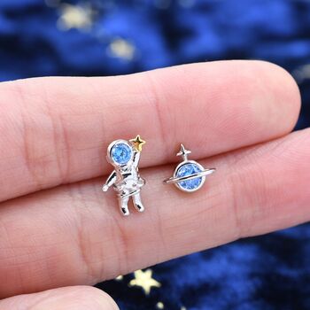 Mismatched Planet And Astronaut Stud Earrings In Sterling Silver, 4 of 10