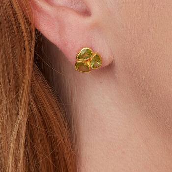 Green Peridot Teardrop Gold Plated Silver Stud Earrings, 3 of 12