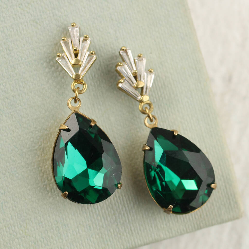 Art Deco Emerald Green Teardrop Chrysler Earrings, 1 of 9