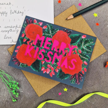 Merry Kissmas Neon Floral Papercut Christmas Card, 5 of 11