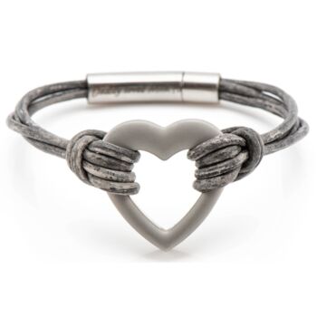 Personalised Metallic Black/Silver Leather Remembrance Bracelet With Engraved Stainless Steel Heart Urn And Clasp, 2 of 10